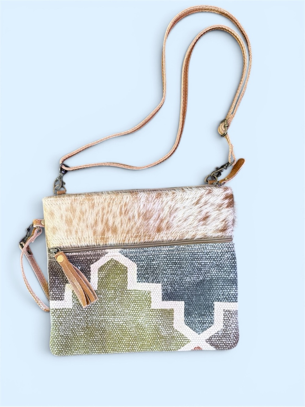 Myra Bag Green, Gray & Tan Geometric Crossbody with Tassel Accent